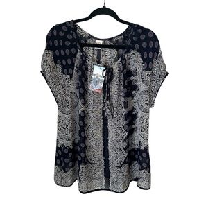 Bila Women’s Navy & White Sheer Boho Paisley Pattern Short Sleeve Blouse XL